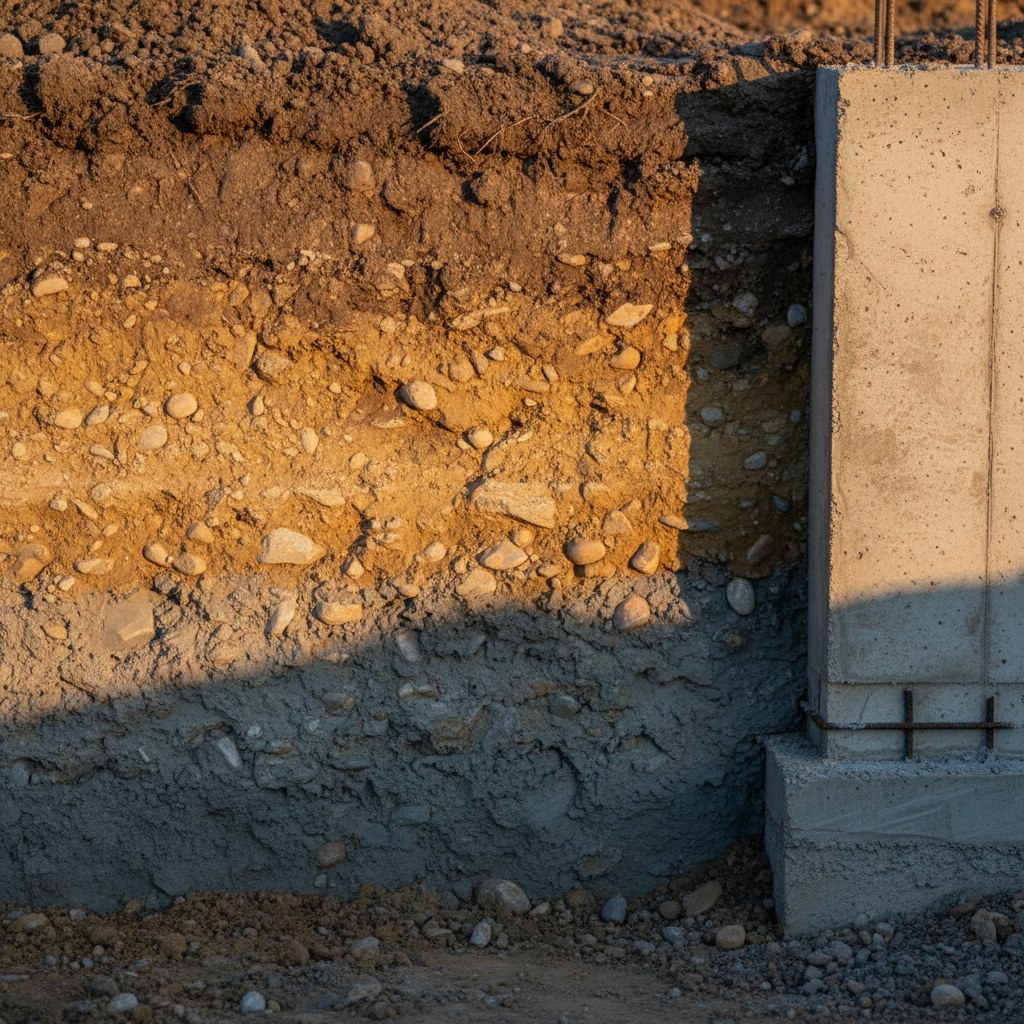 Cross-section soil profile beside a foundation footing showing prairie loess over expansive clay in Sioux Falls